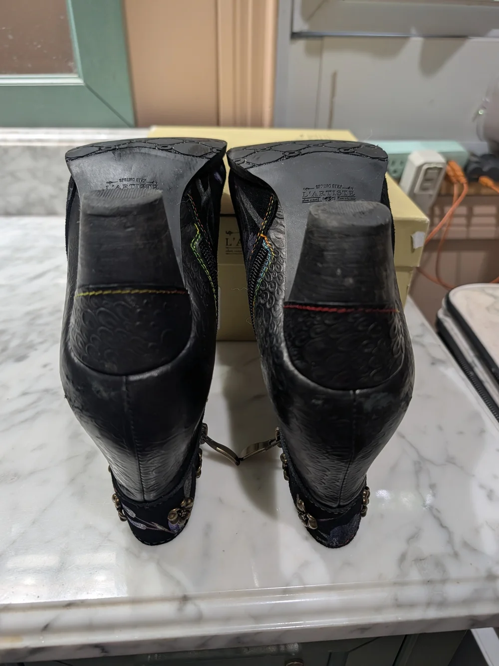 Artiste Floral Embroidered Black Suede Ankle Boots